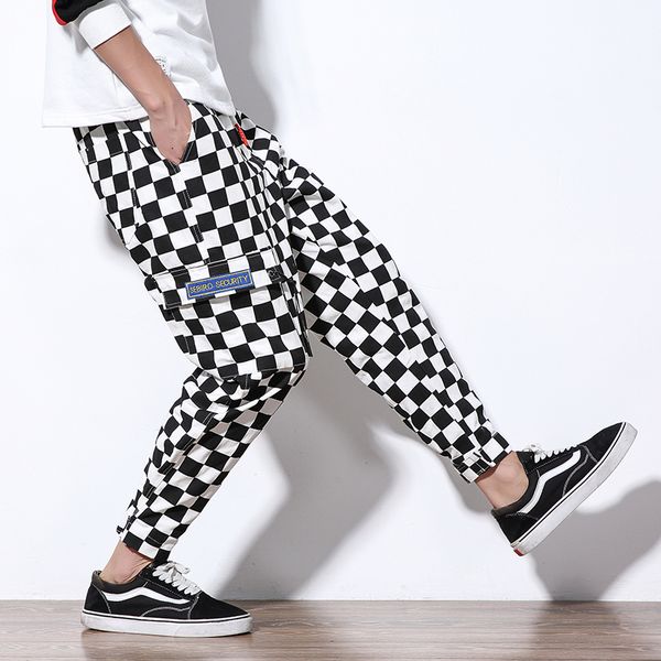 

men plaid checkerboard pants fleece thick trousers pants mens tactical elastic waist fashion joggers sweatpants, Black