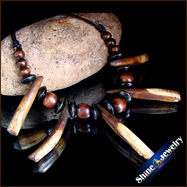 

wholesale tibetan tribal jewelry natural long teeth wood beads leather necklace ing, Silver