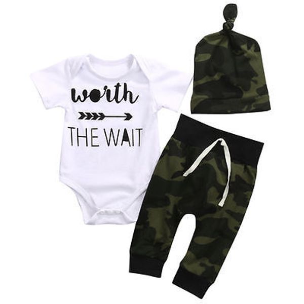 

2019 infant newborn baby boy girls cotton short sleeve letter romper jumpsuit playsuit with camouflage hat pants 3pcs clothes set new