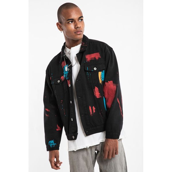 

high street loose denim jacket mens loos lapel paint splash ink graffiti print jeans jacket plus size harajuku coats, Black;brown