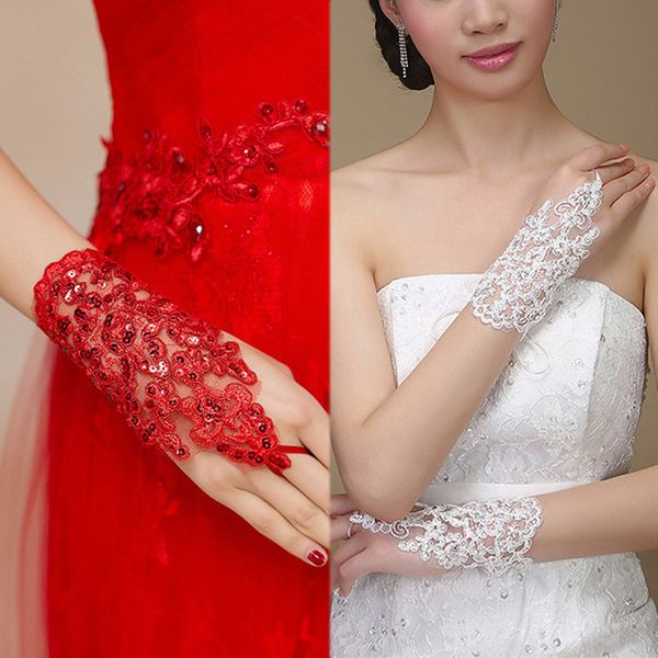 

white adjustable rhinestone elastic short 1pair fingerless gloves crystal sunscreen bride red lace, Blue;gray