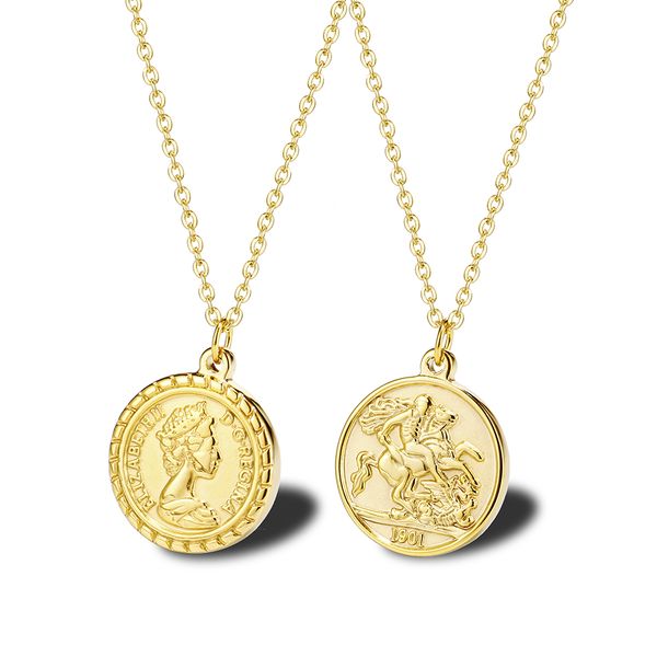 

carved gold coin pendant necklace for women girls men stainless steel simple round chain goddess worship celebrity medal jewelry, Silver
