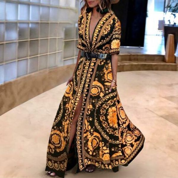 

лето женщины boho цветочные v-образным вырезом платья vestidos дамы шифон сыпучие sundress вечера партии отдыха пляж длинные платья макси, Black;gray