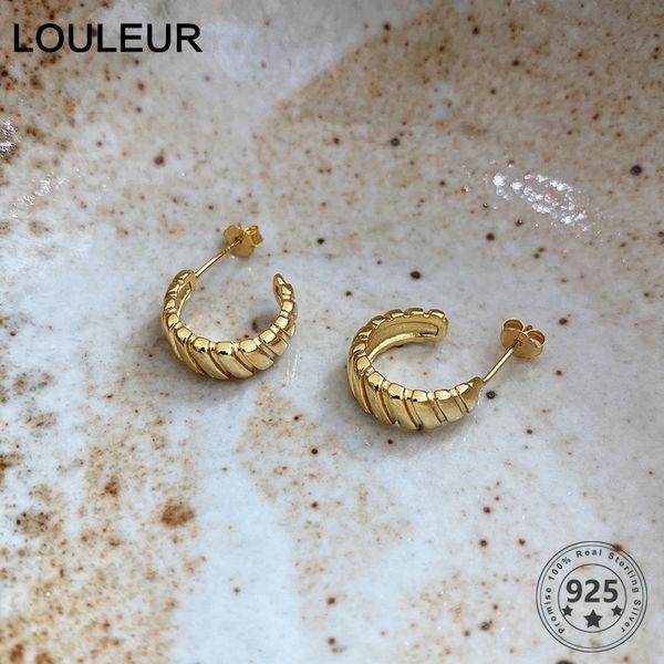 

louleur real 925 sterling silver simple stud earrings vintage french style elegant silver earrings for women luxury fine jewelry, Golden;silver