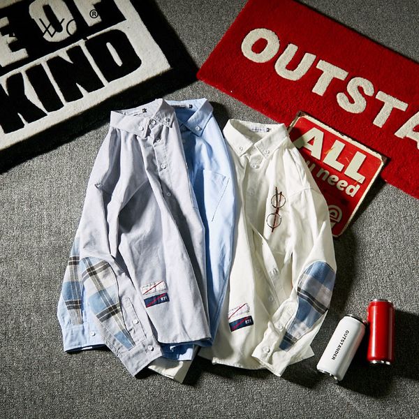 

ewq / autumn winter 2019 turn-down collar patchwork plaid long sleeve loose shirt man's korea style temperament blouse ft198, White;black