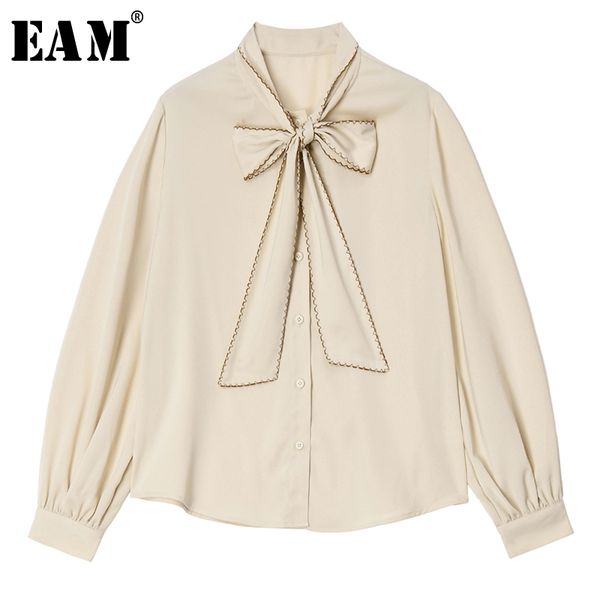 

eam] women khaki brief temperament blouse new bow collar long sleeve loose fit shirt fashion tide spring autumn 2020 1t013, White