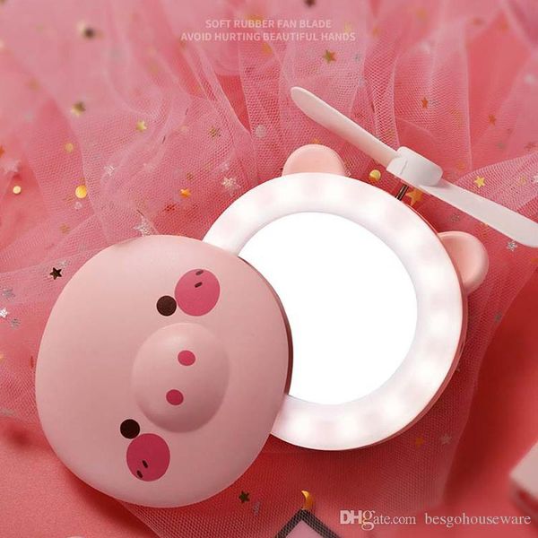

led usb pig cartoon fan mini folding makeup mirror multifunction rechargeable fan led portable pig shape fill light makeup mirror bh1932 cy
