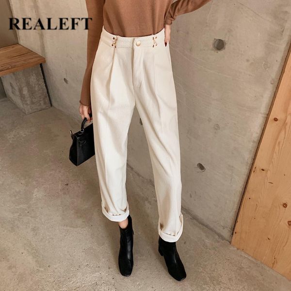 

realeft autumn winter white color corduroy straight pants high waist chic loose pants korean style casual long trouser pockets, Black;white