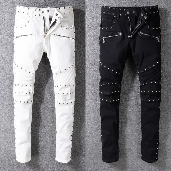 

high street fashion men's jeans slim fit rivet decoration punk jeans men spliced cargo pants night club biker homme, Blue
