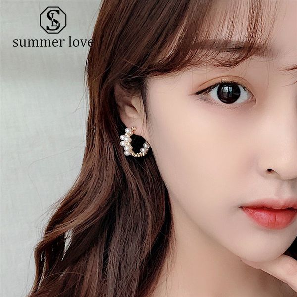 

c shape pearl hoop earrings for women korean style 925 sterling silver needle plated alloy crystal hoop earrings, Golden;silver