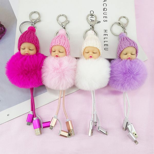 

europe and the united states new hat plastic doll two in one data line hair ball pendant bag car key ornaments, Silver