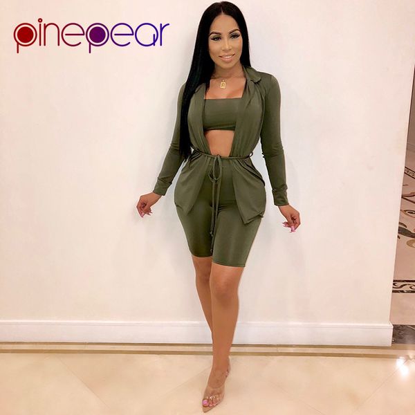 

pinepear army green 3 шт. набор женщин 2019 новая весна с длинным рукавом кардиган без бретелек растениеводство топ bodycon шорты костюмы оп, White