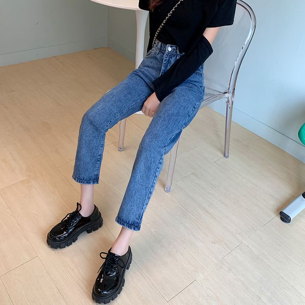

2020 autumn new loose high waist ankle-length pants casual solid button straight zip up ladies trousers, Blue