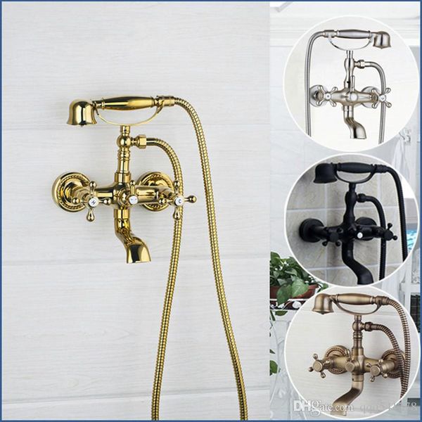 

Antique Brass Wall Mounted Mixer Tap 2 Functions Double Handles Bathroom Bathtub Shower Faucet Set Rainfall Hand Shower