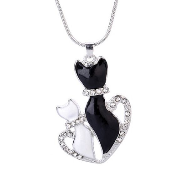 

cute diamond crystal couple cat heart necklace silver cat pendant chain fashion necklace women jewelry gift drop shipping