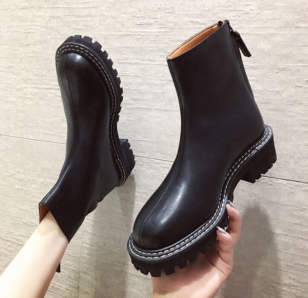 

net red martin boots female british style summer new korean version of the round head zipper wild short tube motorcycle boots, Black