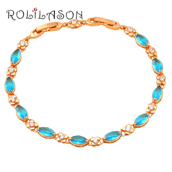 

rolilason seawater blue crystal golden charm bracelet for women health nickel lead fashion jewelry tb624, Golden;silver
