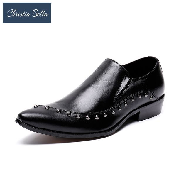 

christia bella new fashion office genuine leather men shoes big size rivets solid oxfords shoes pointed toe slip on formal, Black