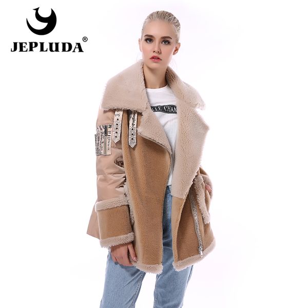 

jepluda new style real fur coat women winter natural wool blends mashup synthetic fiber real sheep fur jacket warm outerwear, Black
