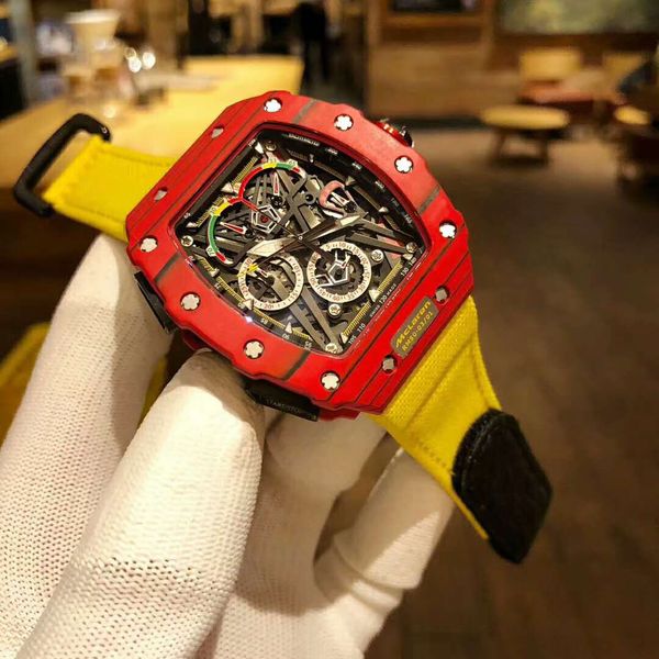 

2018 sports luxury watch 50-03 watch swiss quartz chronograph skeleton dial red carbon fiber case sapphire senior canvas rubber strap, Slivery;brown