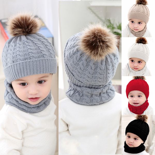 

новорожденный шарф hat set kid winter warm double fur pom bobble knit beanie cap, Yellow