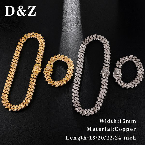 

d&z 15mm iced out prong cz cuban link chain choker necklaces for men's hip hop fashion chain necklace 1 set, Silver