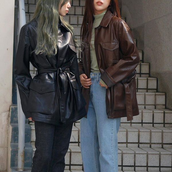 

новый карманный single пряжка с длинным рукавом тонкая талия ремень pu кожаная куртка одежда 2019 осень зима пальто nz19.9-217, Black