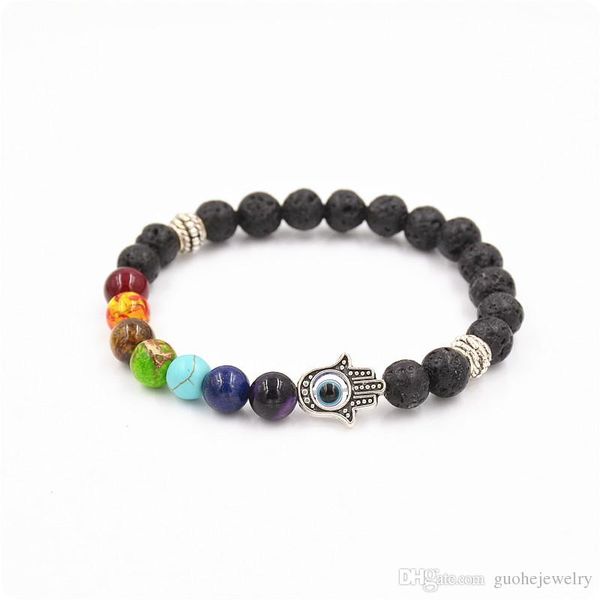 

8mm lava energy chakra bracelets colorful beads bracelets hand of hamsa fatima bracelets ing, Black