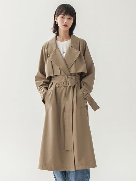 

double breasted with belts long trench coat women solid color long sleeve windbreaker plus size women clothing, Tan;black