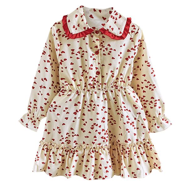 

Kids Girl Heart Print Dresses Long Sleeve Doll collar Children Button Princess Dress Girls Pleated Casual Dress Clothes#LR2