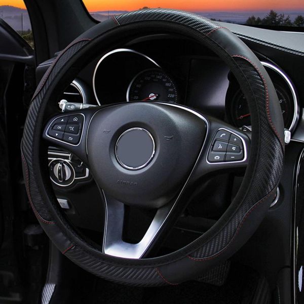 

5 pcs car steering wheel cover carbon fiber sports models without inner ring elastic band breathable anti slip pu leather covers