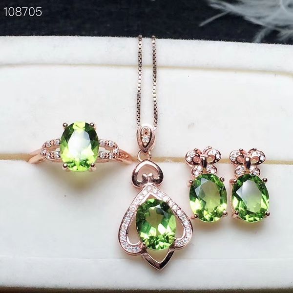 

s925 silver natural green peridot gem ring pendant earrings natural olivine jewelry set lovely butterfly geometry girl jewelry, Black