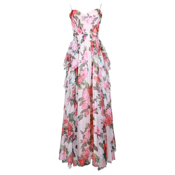

2019 summer runway maxi dress women's spaghetti strap floral print ruffle long dress, Black;gray