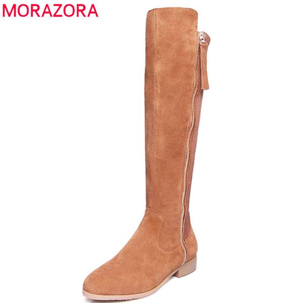 

morazora 2020 new arrival suede leather boots women round toe knee high boots simple zipper fashion shoes woman black