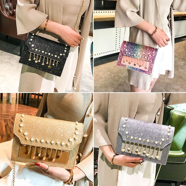 

sequin shoulder bag wild messenger bag sequins small bags for women pearl pendant small square taschen women#35