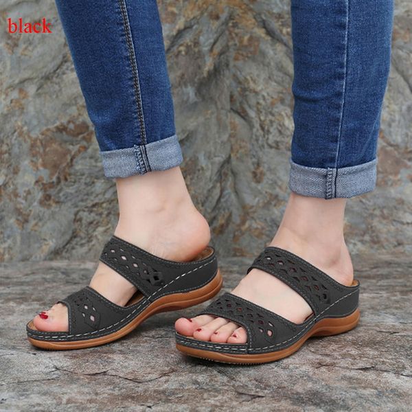

2020 summer hollow and soft-soled women's shoes sandals roman retro casual shoes thick bottom wedge open-toe beach, Black