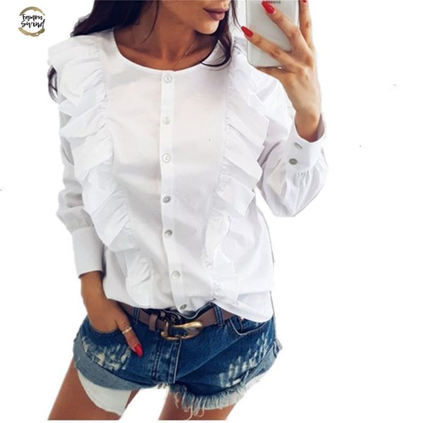 

fashion spring women's ruffles blouse casual o-neck long sleeve button down shirts blue striped office wear, White
