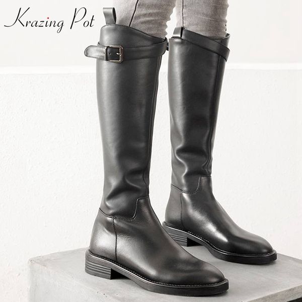 

krazing pot basic genuine leather zip low heels round toe punk rock equestrian boots concise square buckle knee-high boots l6f7, Black