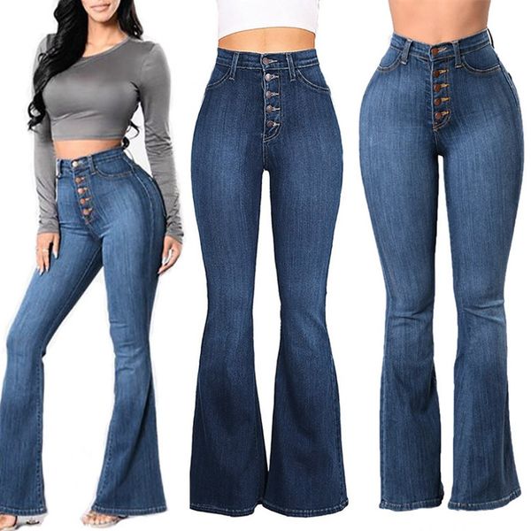 

high waist jeans new women autumn elastic plus loose denim pocket casual boot cut pant jeans women mujer, Blue