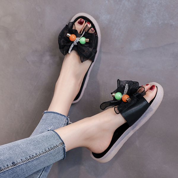 

female shoes ladies' slippers slides transparent heel flower butterfly-knot platform low 2020 flat soft summer, Black