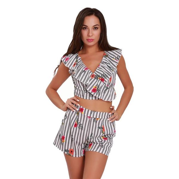 

crop and pants set short pant two piece sets tees mujer floral stripes short beach twinset and pants sets, Gray