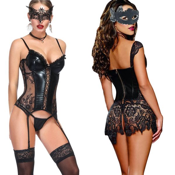 

corsets bustiers lace lingerie corset dress faux leather steampunk women burlesque underbust corselet femme gothic, Black;white