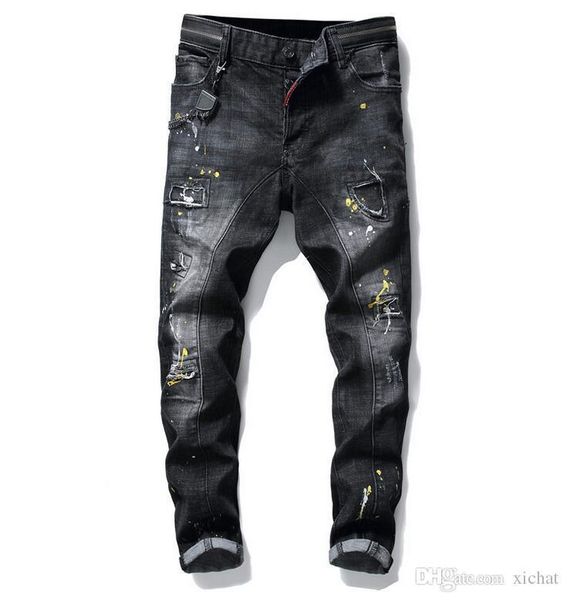 

big size jeans 2019 spring new men's paint hole style luxury jeans denim pants slim fit casual pencil jeans 1010, Blue