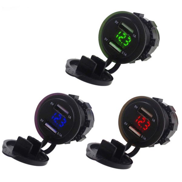 

12-24v dual usb port car charger cigarette lighter socket plug led voltmeter waterproof mobile phone charging adapter
