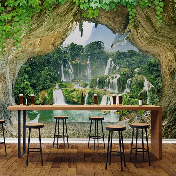 

drop shipping custom cave waterfall 3d stereoscopic scenery p wall paper for kitchen restaurant bar wall decor wallpaper