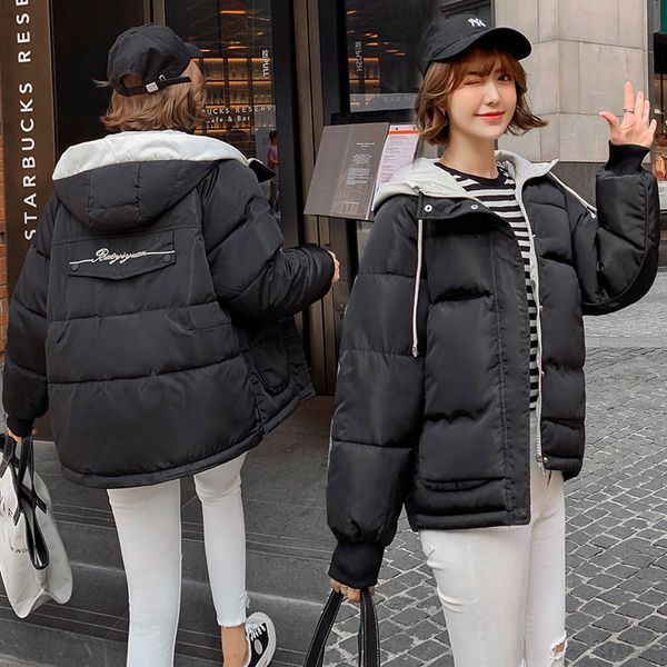 

chic short hooded winter down coat jacket thick warm loose cotton padded wadded parkas casaco feminino abrigos mujer invierno, Black