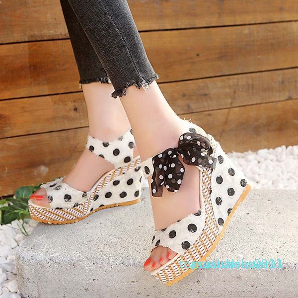 

women sandals dot bowknot design summer platform wedge female high shoes comfy ladies flock fashion ankle strap open toe sandals t13, Black
