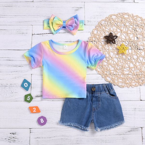 

мода детская одежда девушка новорожденного малыша дети новорожденных девочек радуга принт топы короткие джинсы ленты для волос комплект одеж, White
