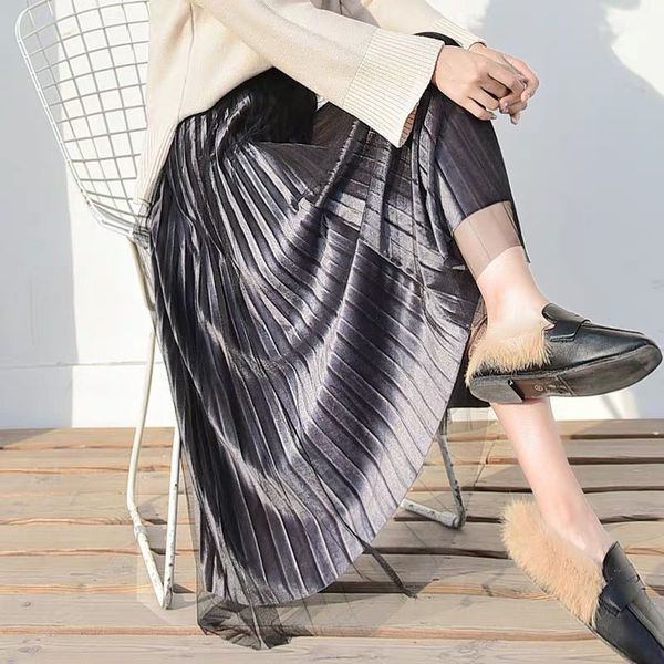 

spring summer new skirt women's casual loose elasticated waist mesh pleated skirt tulle netting mid-length solid color, Black