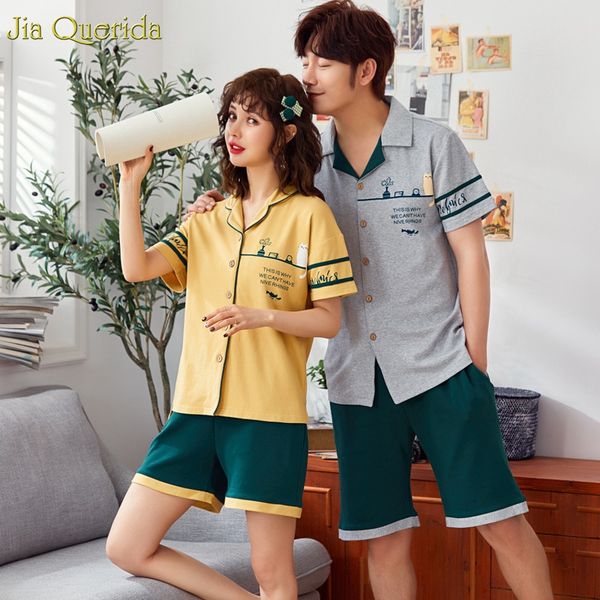 

home clothes for couple cotton sleepwear summer 2019 short sleeves pants lapel cardigan loungewear leisure cotton sleeping suit, Blue;gray